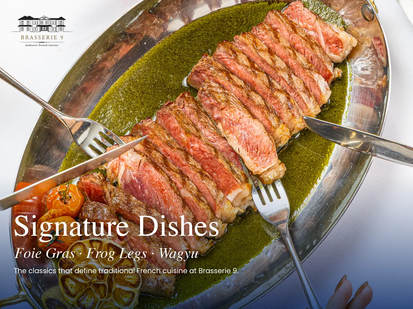 Grilled Tajima wagyu striploin, a signature French dish at Brasserie 9 Sathorn Bangkok