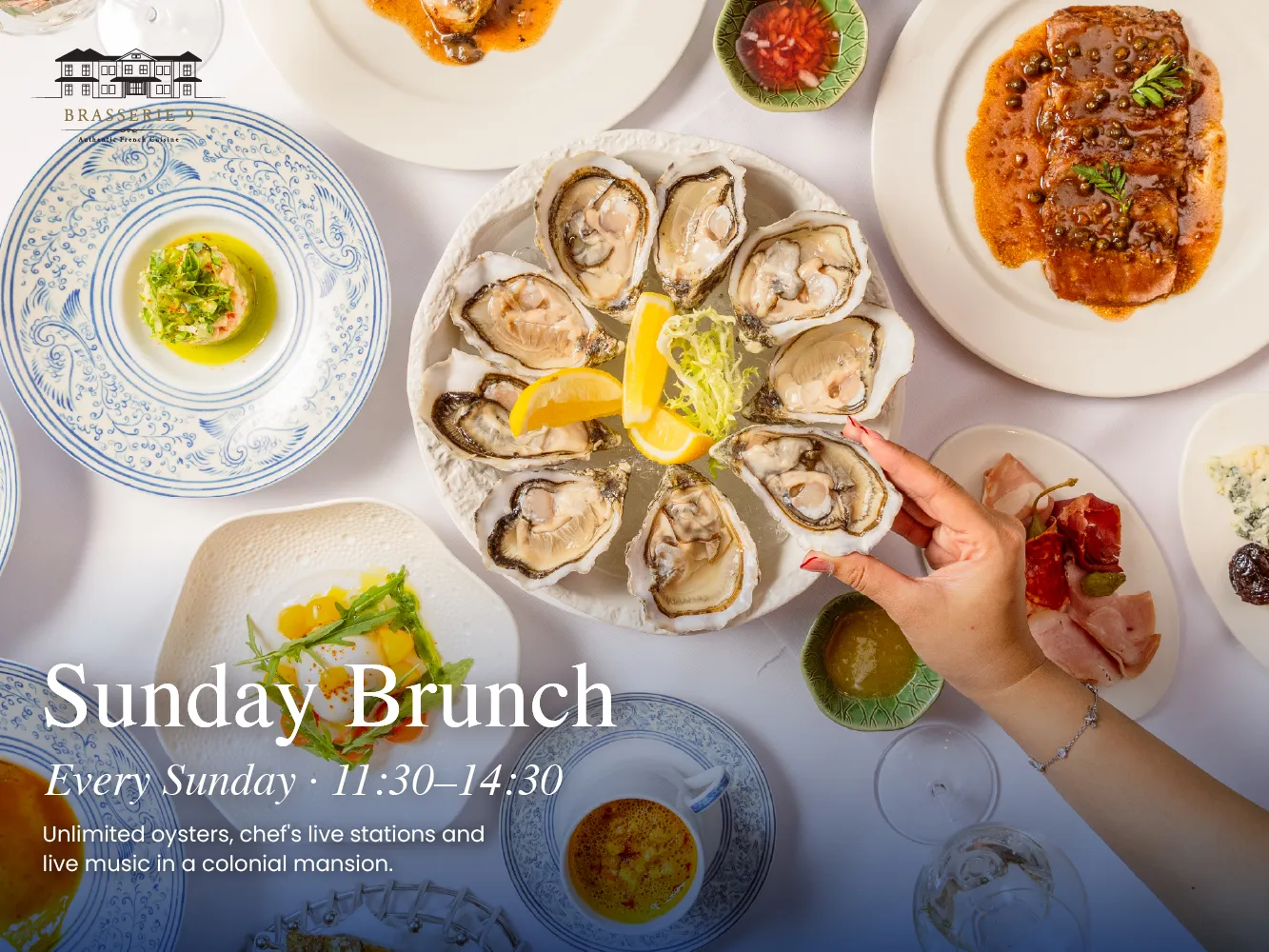 Sunday brunch spread at Brasserie 9 Sathorn with unlimited fresh oysters, charcuterie and French dishes